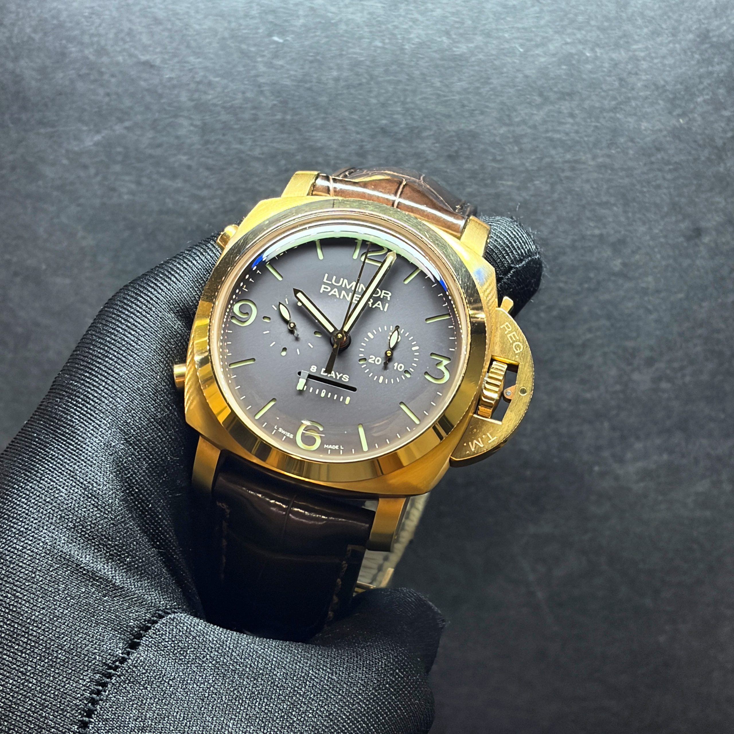 Rare Panerai Luminor 1950 Rattrapante 8 Days Oro Rosa, PAM00319 (Limited edition 300 pieces).